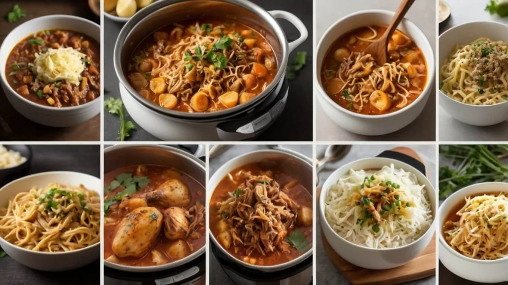 A collection of 10 delicious Instant Pot recipes for quick and easy weeknight dinners, featuring dishes like beef stew, creamy pasta, soups, and pulled pork, all prepared in an Instant Pot for fast cooking and minimal cleanup.