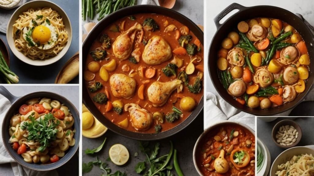 A collection of 10 quick and easy one-pot dinner recipes, featuring dishes like pasta, stews, and rice-based meals, all prepared in a single pot for minimal cleanup.