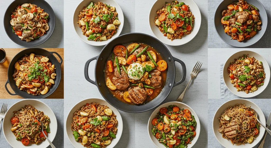 A colorful collage of 30 quick and easy dinner recipes, featuring one-pot meals, sheet pan dinners, and Instant Pot dishes, perfect for busy weeknights. Includes images of pasta, roasted chicken, fresh veggies, and hearty stews.