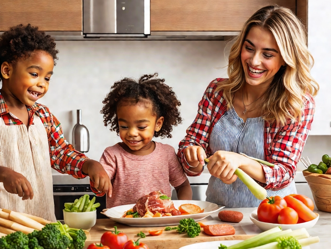 A family enjoying a delicious and easy homemade dinner together at the table.