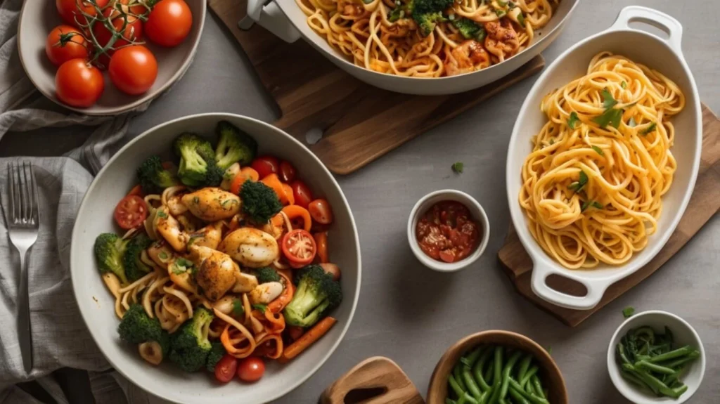 A busy family enjoying a quick and easy weeknight dinner together at the dining table, with a variety of simple, homemade dishes like pasta, roasted chicken, and fresh salads.