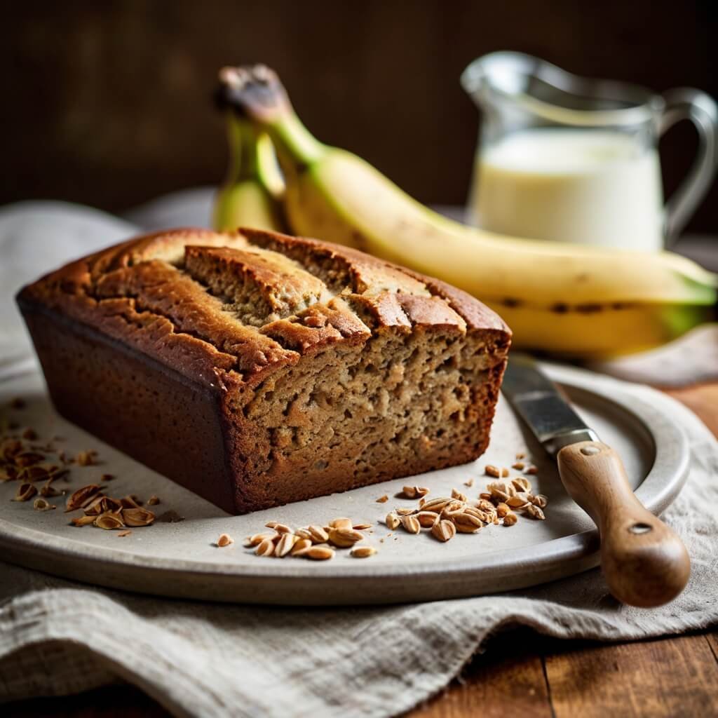 A golden-brown loaf of classic banana bread, sliced to reveal a moist, tender crumb, resting on a wooden cutting board with a few ripe bananas and a bowl of ingredients like flour, sugar, and eggs in the background.