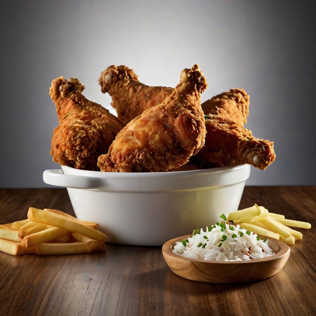 A close-up of a golden, crispy piece of Crown Fried Chicken served in a red-and-white checkered basket, with a side of fries and coleslaw, evoking a nostalgic American diner vibe.